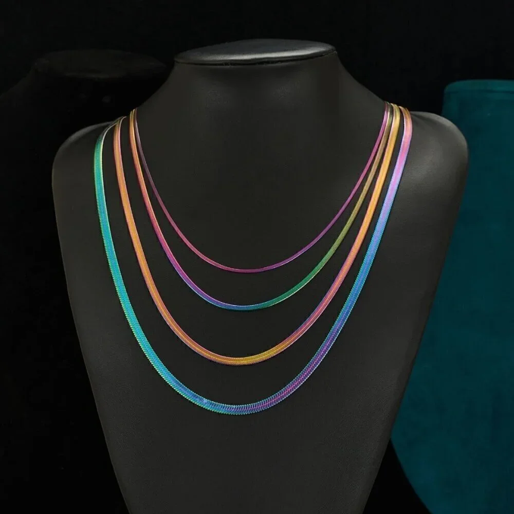 NWT Titanium Rainbow Stainless Steel 2mm Herringbone Snake Chain 16”
